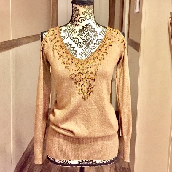 Cache Tops - Cache' Shimmer Cold Shoulder Beaded Sweater